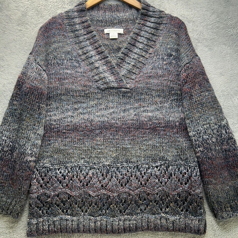 VTG Liz Claiborne Sweater Small Gray Marled V Neck Chunky Knit Boho Cozy Cottage